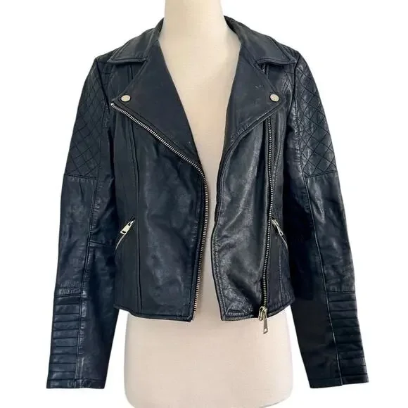 Vintage RIVER ISLAND Quilted Leather Moto Biker Black Jacket Size UK 12 US 8 - Picture 3 of 14